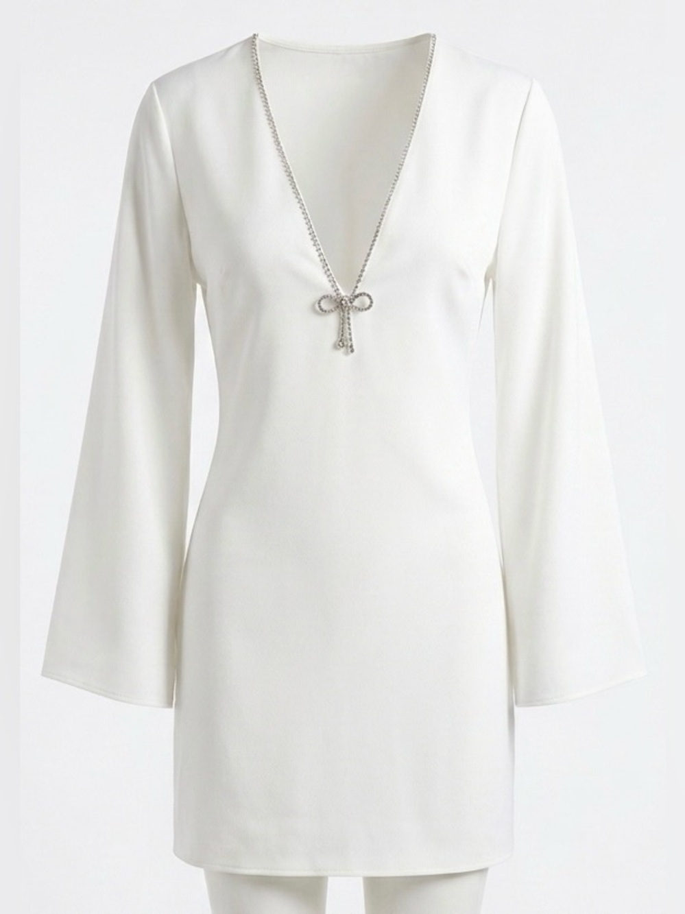 SHEIN White V-Neck long Sleeve Dress Rhinestone Bow Trim Accent Midi Dress